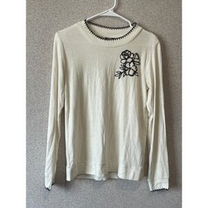 Bobeau Cream Floral Applique Long Sleeve Sweater Top Women's Size M‎